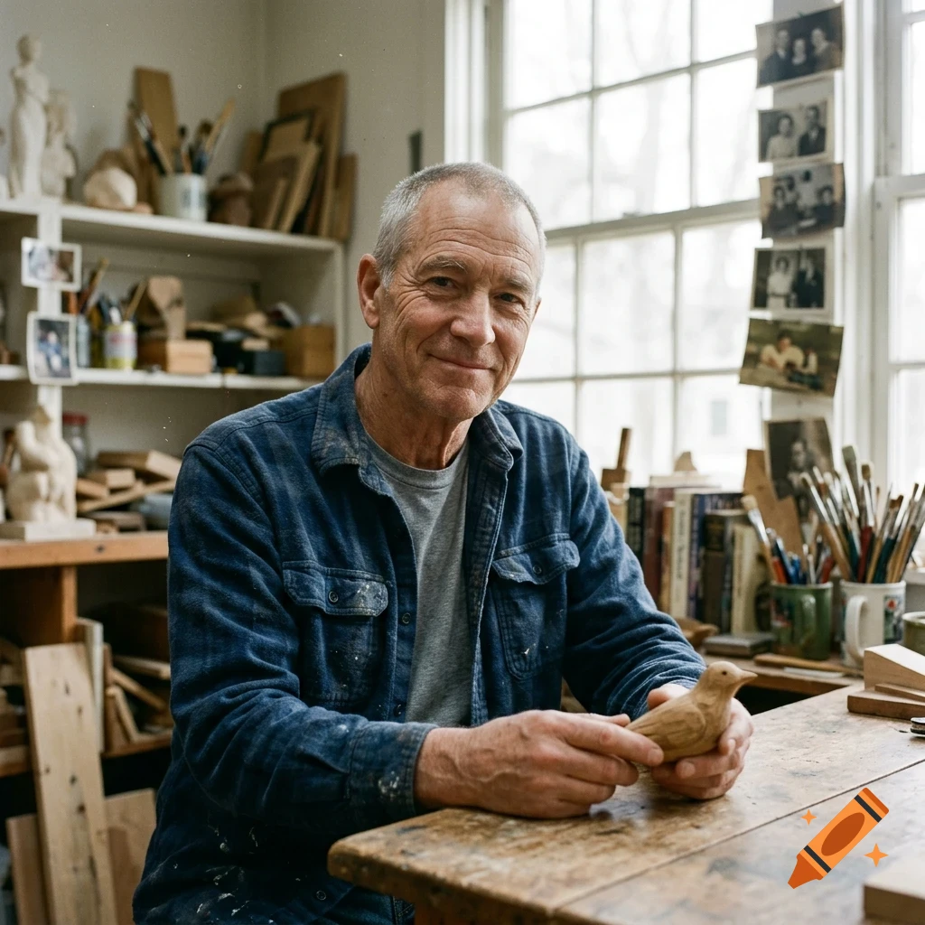 An older man sitting in a workshop, holding a small carved wooden bird.