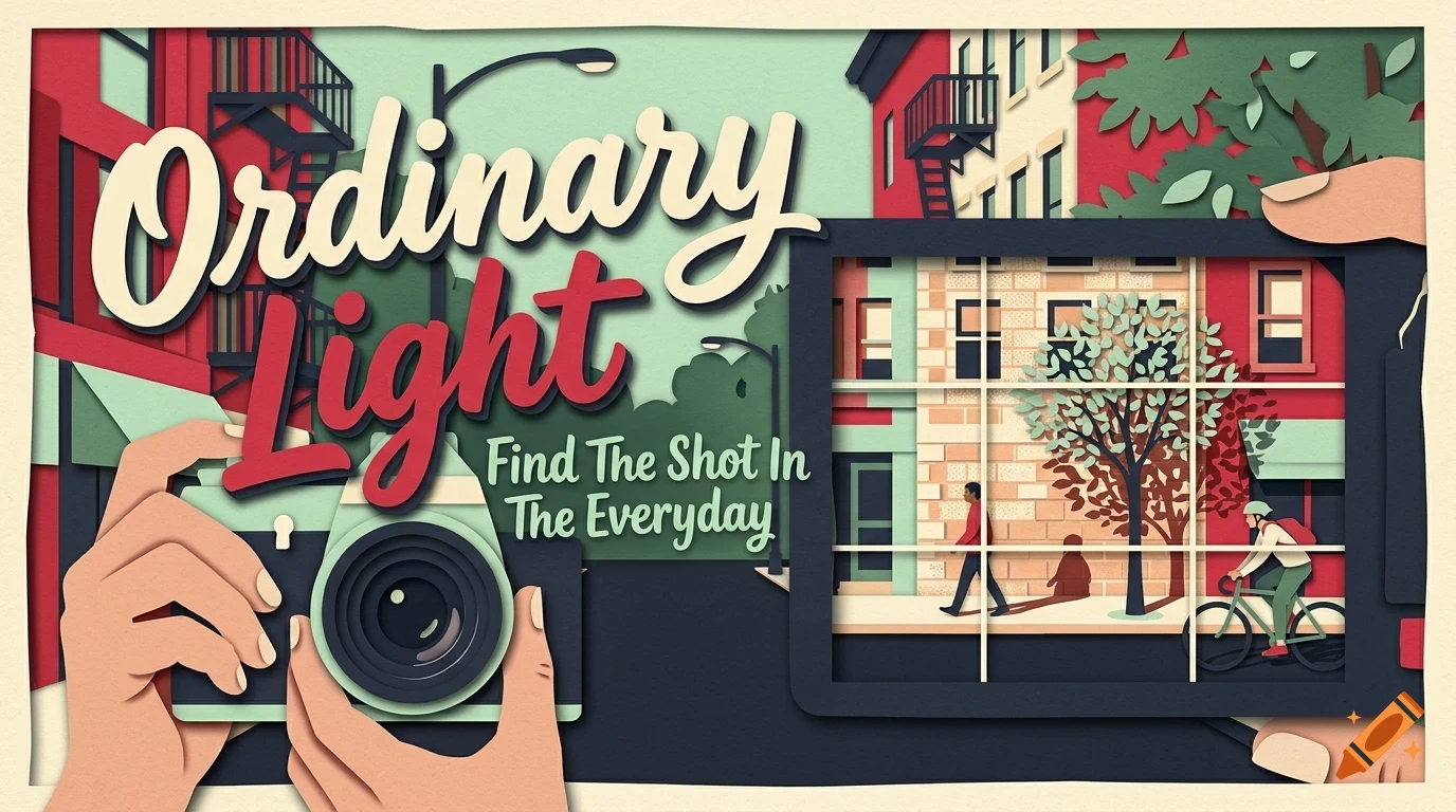 An illustrated papercraft-style design depicting hands holding a camera and a tablet showing a street scene with buildings and people.