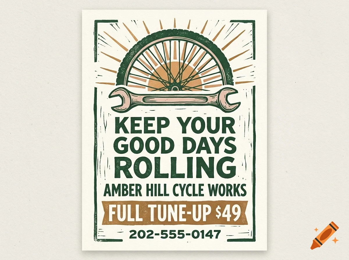 Vintage style poster for Amber Hill Cycle Works featuring a bicycle wheel, wrench, and text reading Keep your good days rolling.