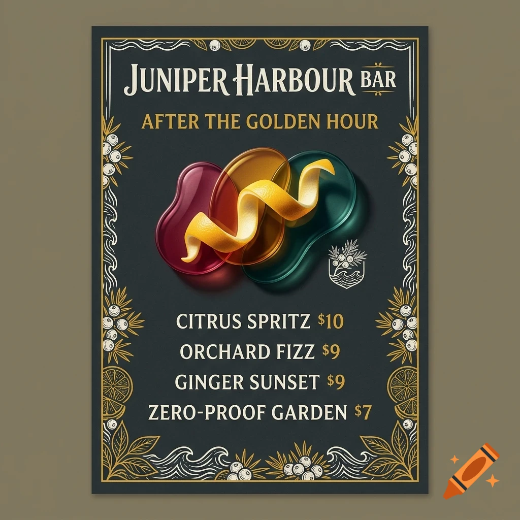 A menu poster for Juniper Harbour Bar with drink listings and an abstract glass droplet illustration.