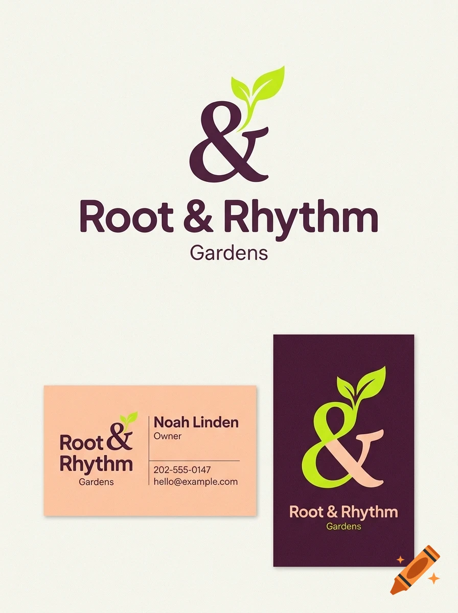 Branding design for Root & Rhythm Gardens featuring an ampersand symbol with green leaves, shown on a logo, business card, and card mockup.