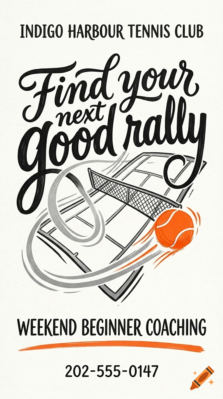 An illustration of a tennis court and ball with lettering for Indigo Harbour Tennis Club.