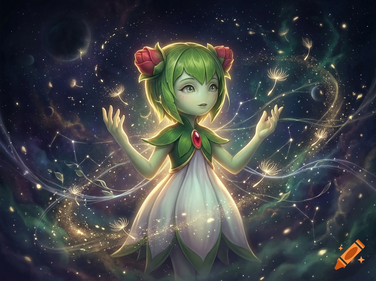 Digital illustration of a green-skinned cosmic fairy with flower hair buns and a white and green dress, posing amidst glowing dandelions and stars.