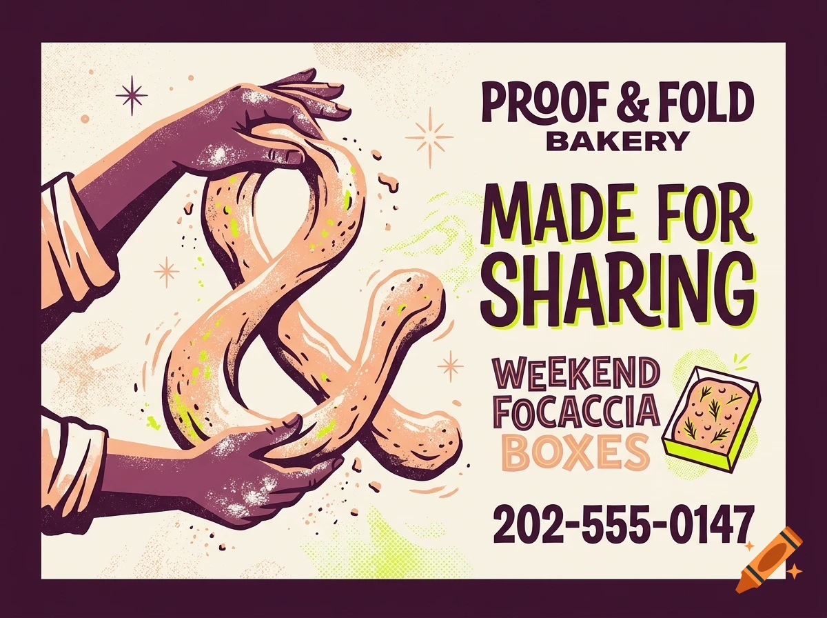 An illustration of hands shaping dough into an ampersand, with text that reads Proof & Fold Bakery Made for Sharing Weekend Focaccia Boxes.