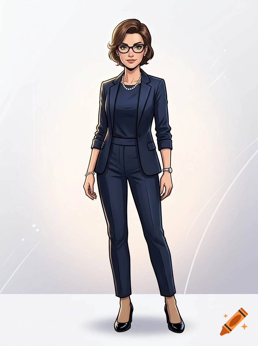 Full-body comic style illustration of a stylish woman in a dark blue business suit and glasses.