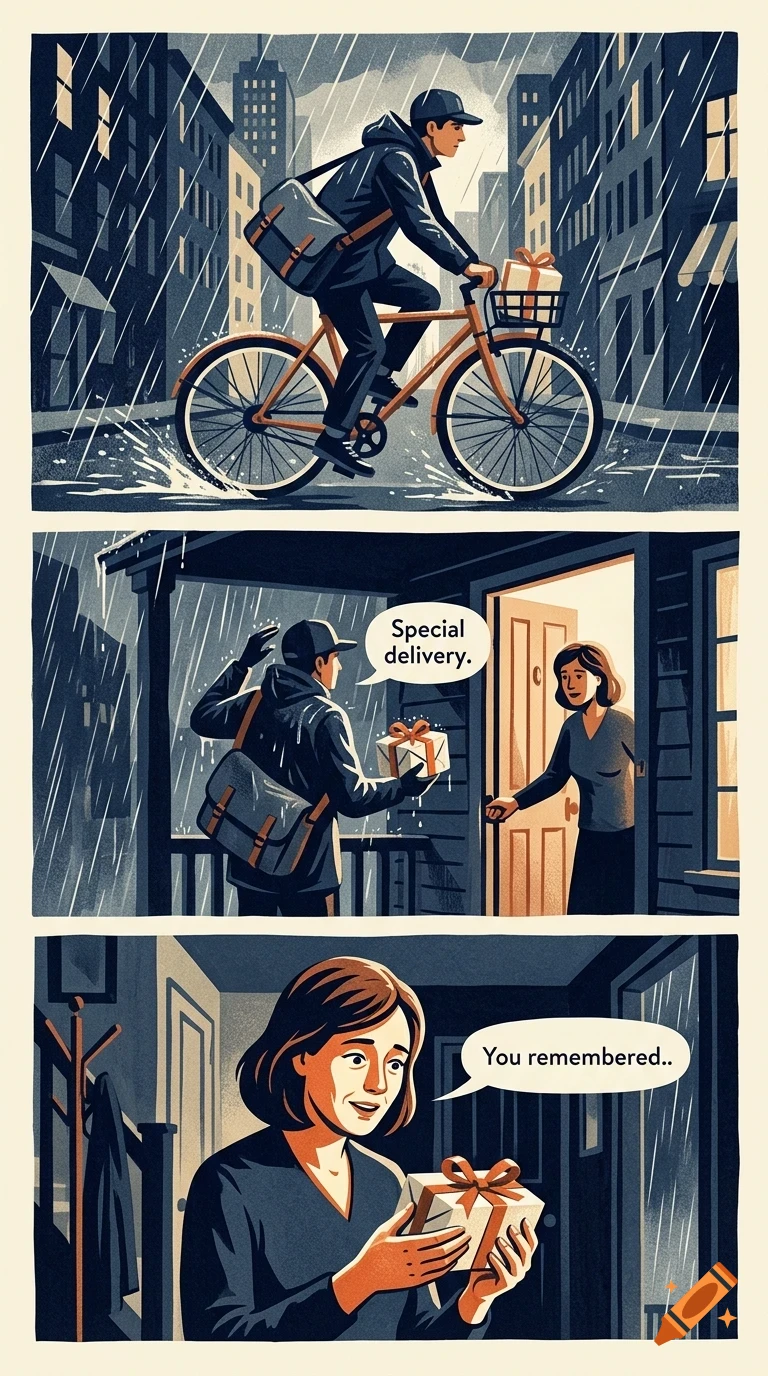 A three-panel comic illustration shows a courier riding a bicycle through the rain to deliver a gift, handing it to a woman at her doorway, and the woman happily holding the gift inside.