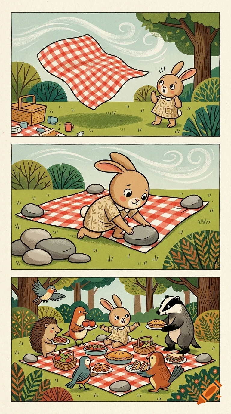 A three-panel comic illustration shows a little rabbit having a picnic in a meadow with animal friends.