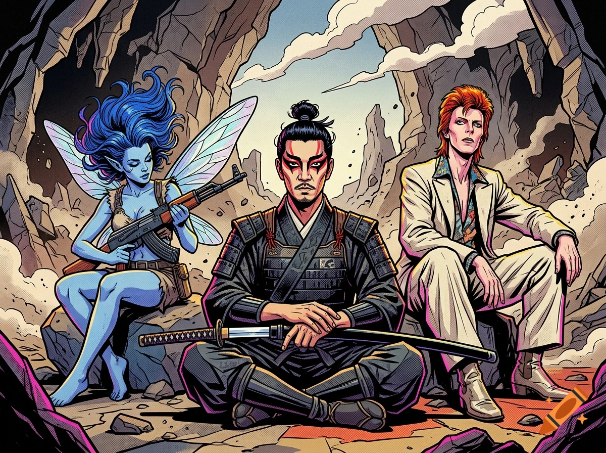 Comic book style illustration of a samurai, a blue fairy with an AK-47, and David Bowie seated before ravaged caves.
