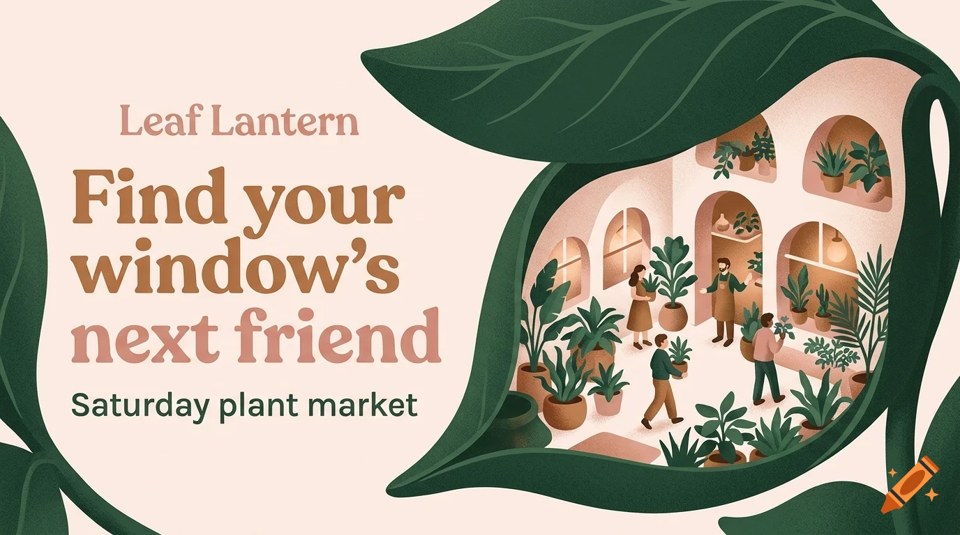 An illustrated poster with the text "Leaf Lantern Find your window's next friend Saturday plant market" showing a shop filled with potted plants and people.