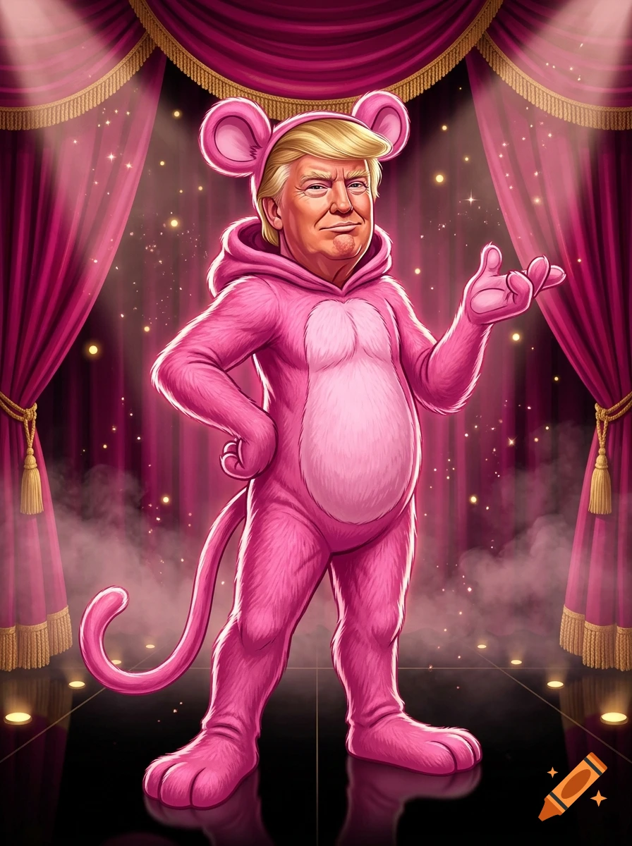 Digital illustration of Donald Trump in a pink panther costume standing on a stage with red curtains.