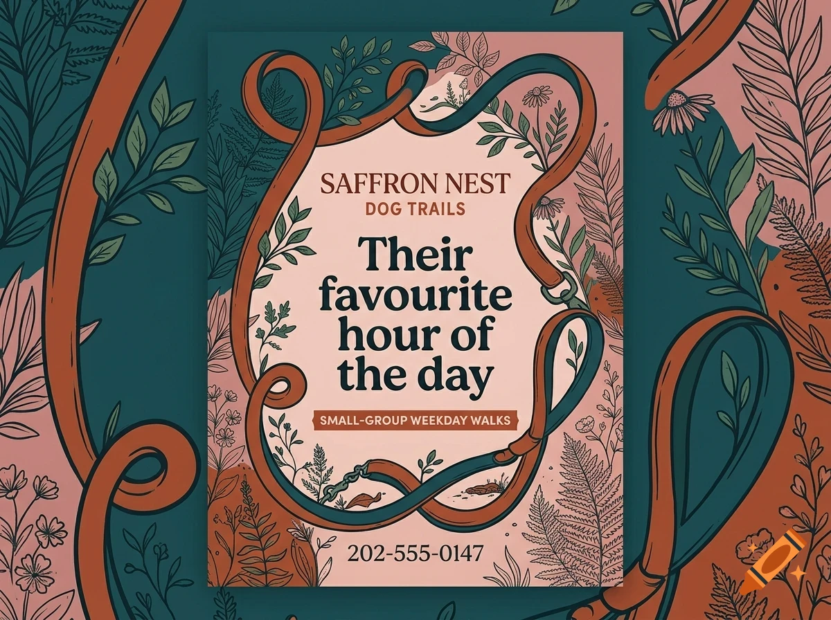 An illustrated flyer for Saffron Nest Dog Trails features dog leashes framing text and botanical drawings.
