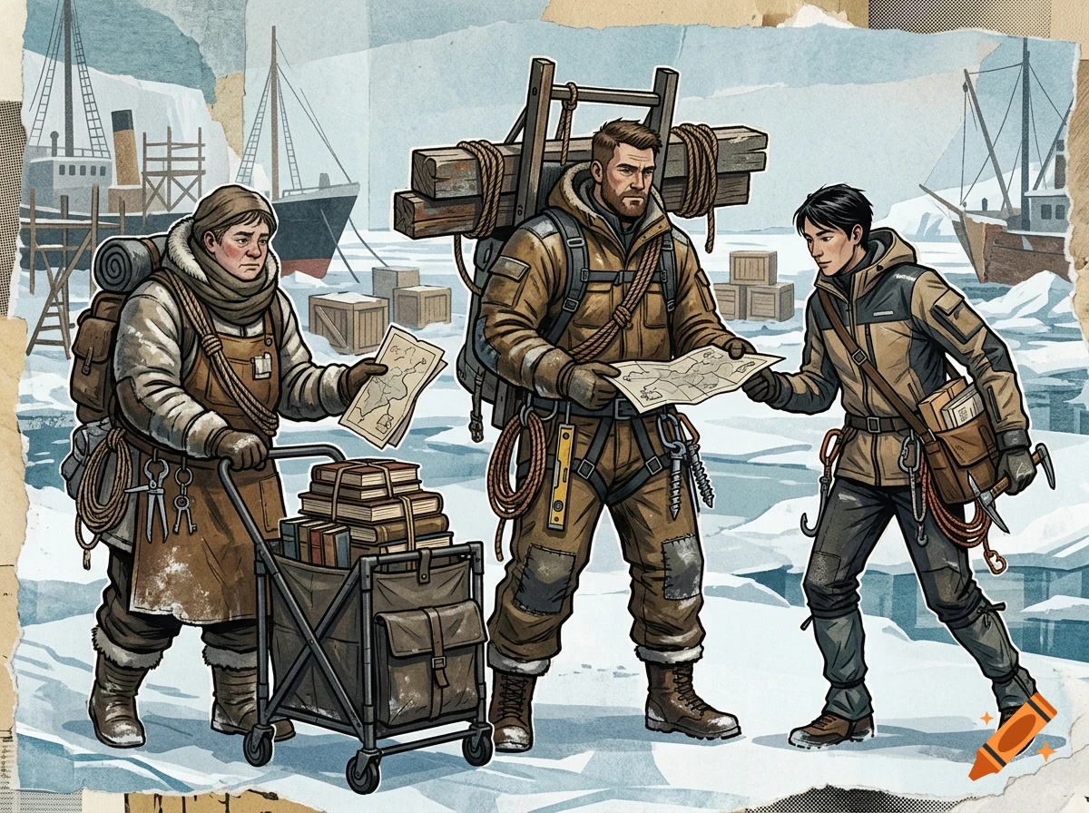 An illustrated group of three explorers in heavy winter gear looking at maps in a snowy polar landscape with ships and icebergs.