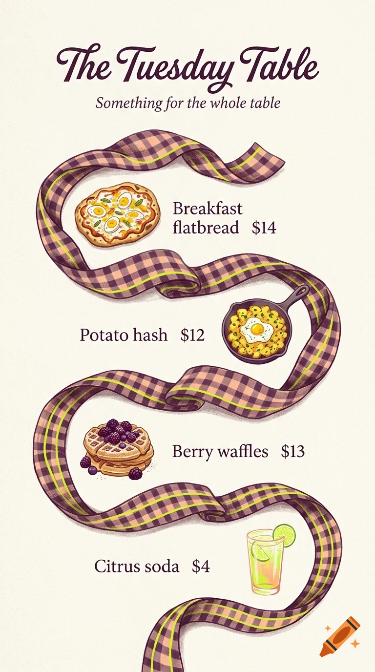 An illustrated menu for The Tuesday Table featuring breakfast flatbread, potato hash, berry waffles, and citrus soda.