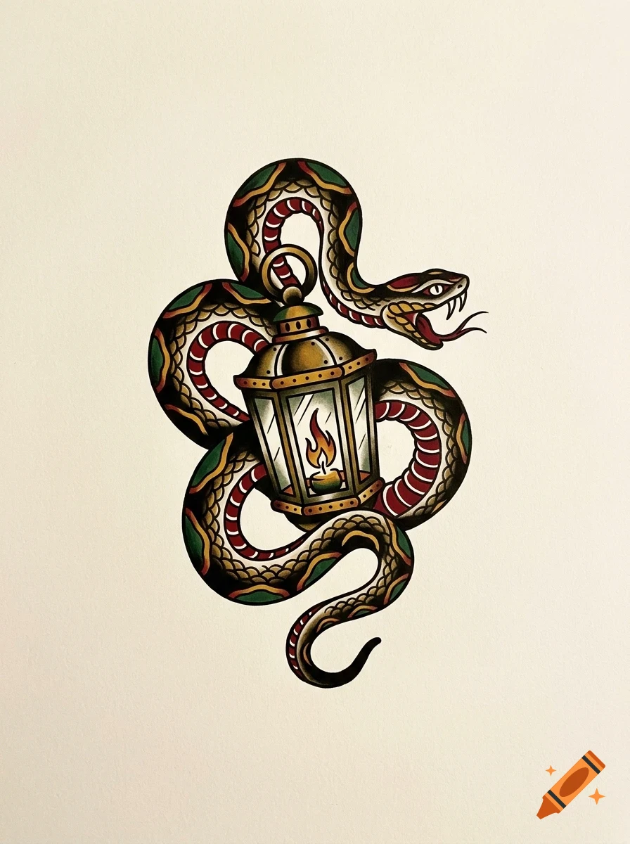 An illustrated design of a coiled snake wrapping around a lit lantern, rendered in a traditional tattoo style with bold lines and vibrant colors.