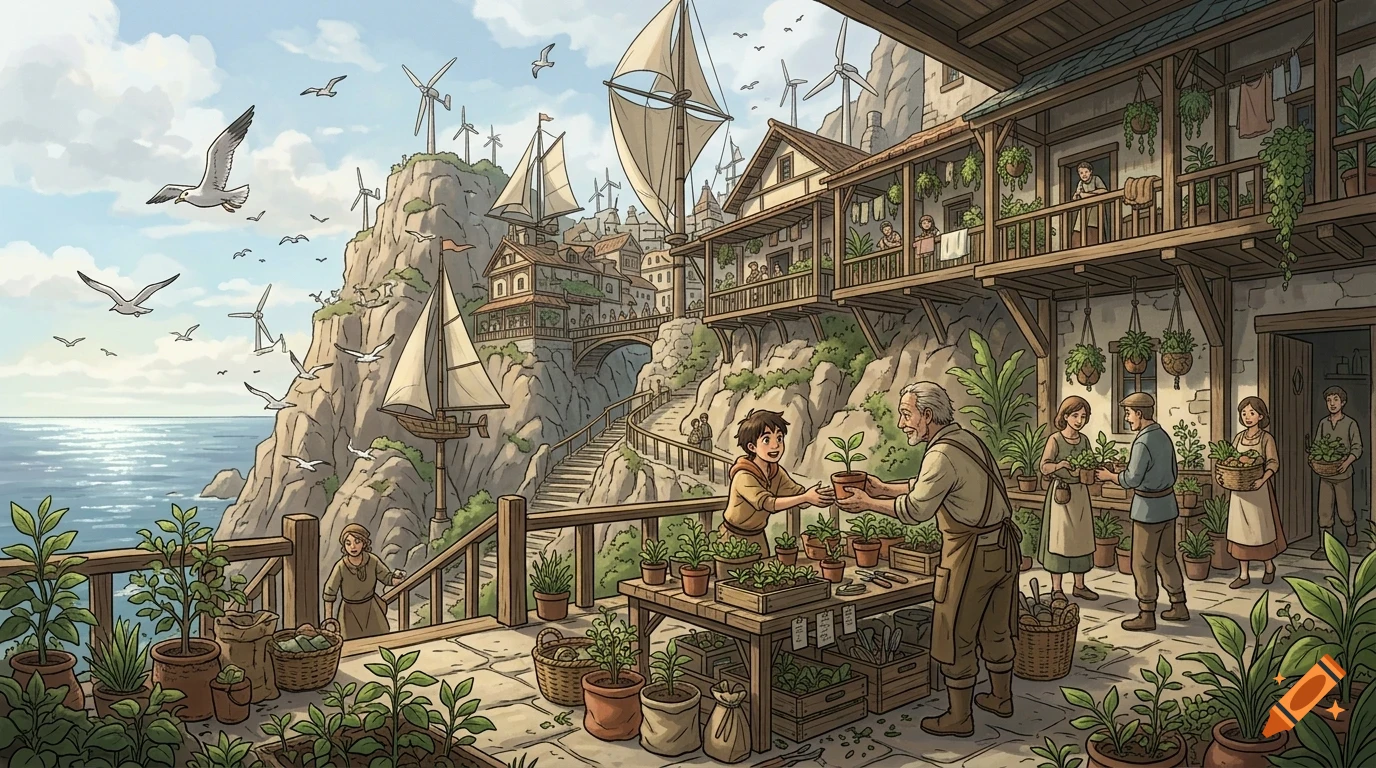 An illustrated coastal village featuring multi-level wooden buildings, people gardening on terraces with potted plants, sailing ships, and wind turbines along the cliffs.