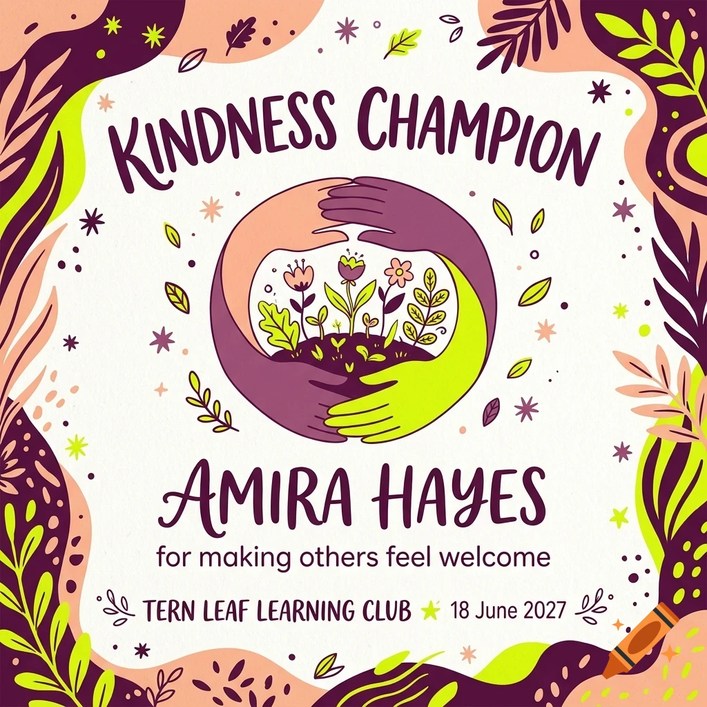 An award certificate reading Kindness Champion for Amira Hayes, featuring an illustration of hands holding a patch of flowers surrounded by botanical frame borders.