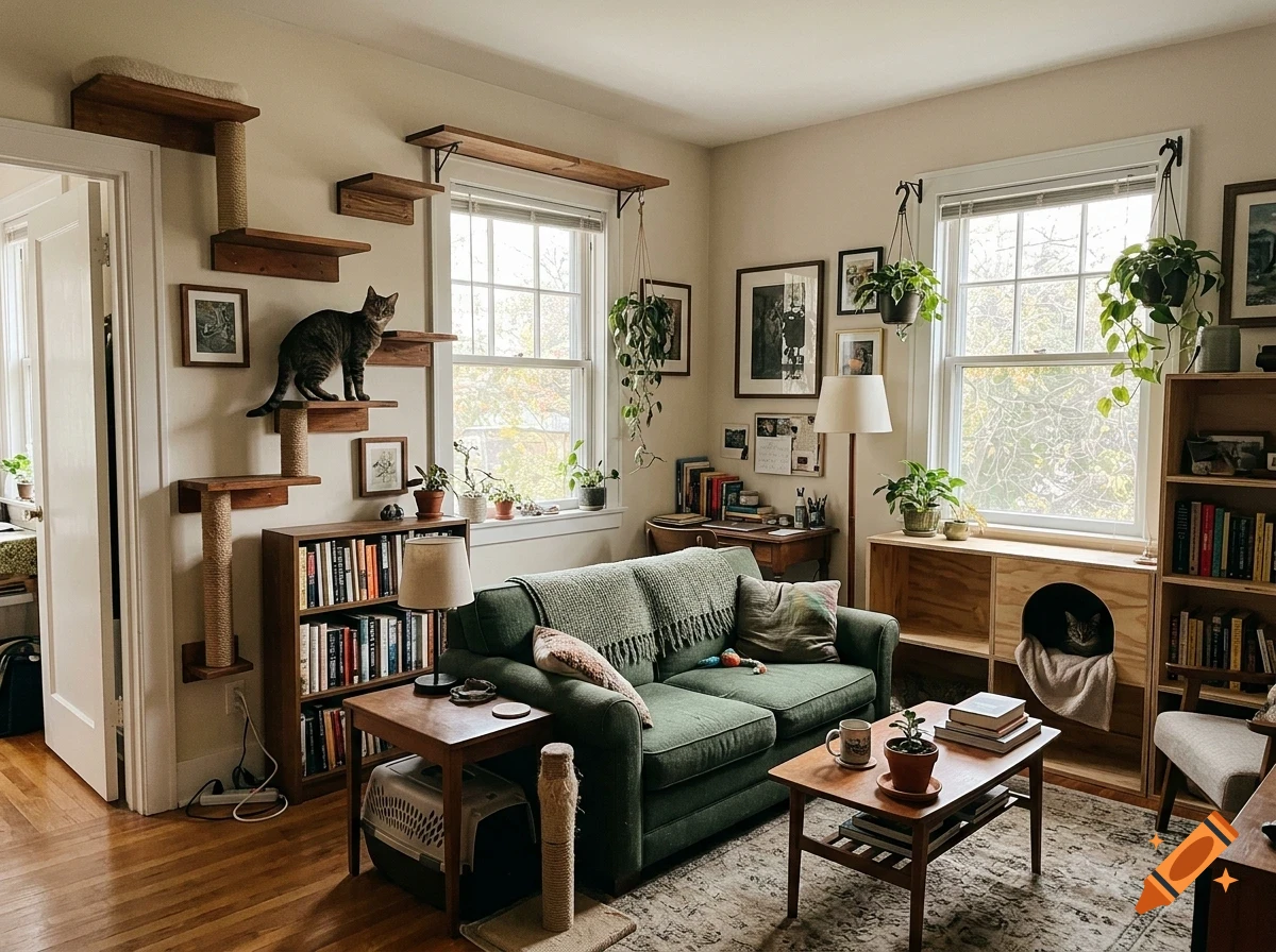A cozy living room with a green sofa, wooden bookshelves, hanging plants, and a cat climbing on wall-mounted shelves.