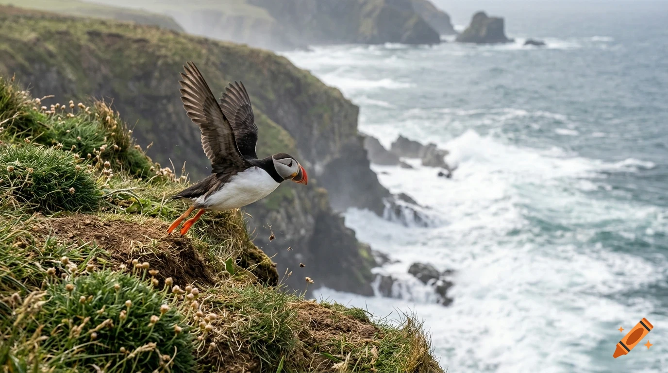 A puffin taking flight from a grassy cliff edge above the ocean.
