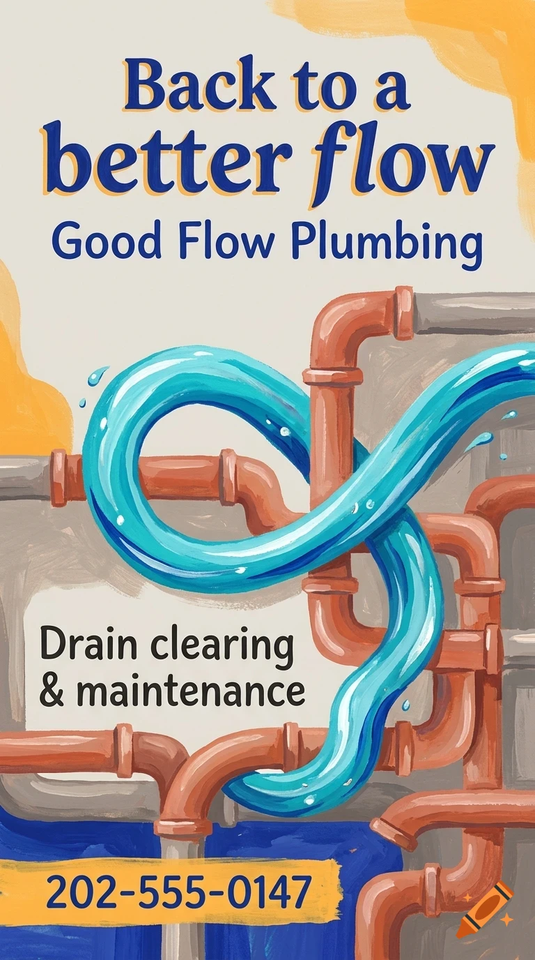 An illustrated plumbing advertisement featuring copper pipes and flowing blue water with text.