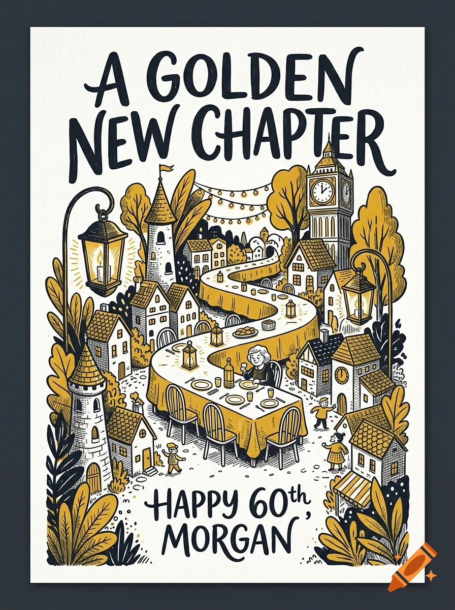 An illustrated greeting card featuring a long winding banquet table through a whimsical town, with the text "A Golden New Chapter" and "Happy 60th, Morgan".