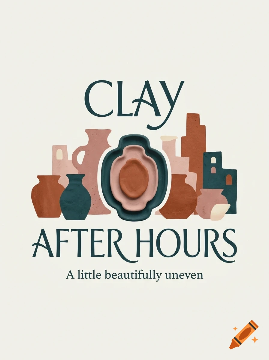 An illustration with text reading CLAY AFTER HOURS above a collection of pottery and ceramic vessels in earthy tones.