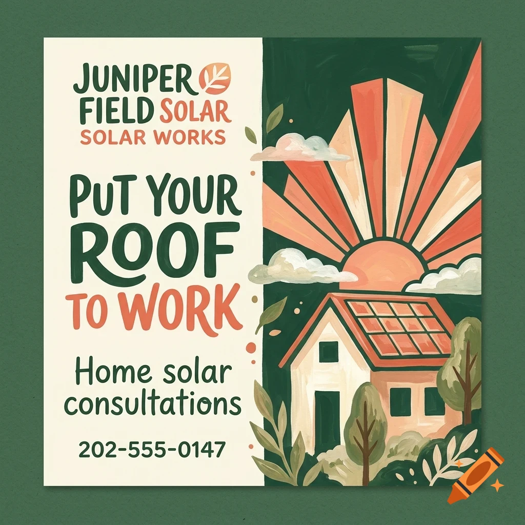 An advertisement for Juniper Field Solar Works featuring text reading Put your roof to work and a house with solar panels beneath a rising sun.