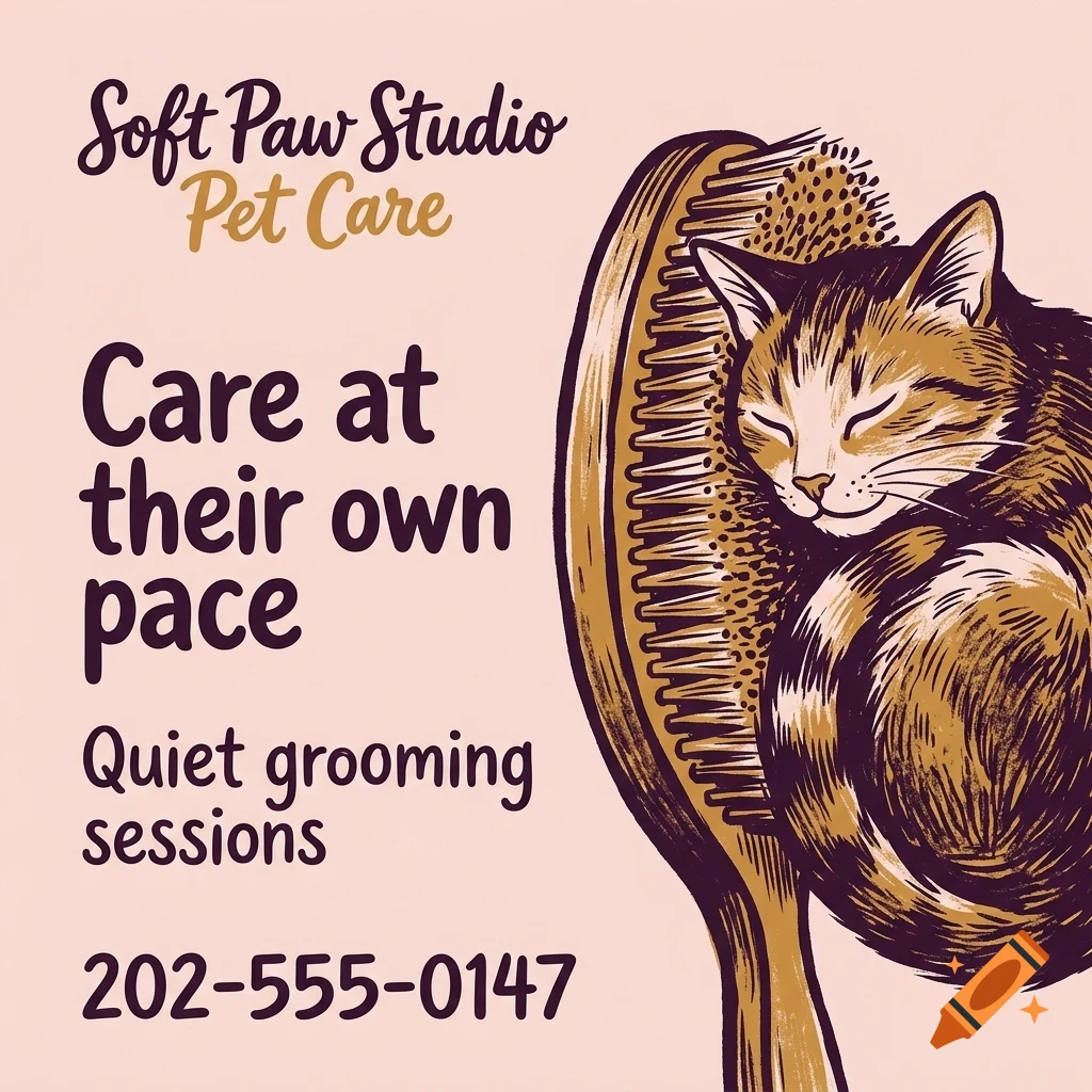 An illustrated poster featuring a cat sleeping on a large pet brush next to text about pet care.