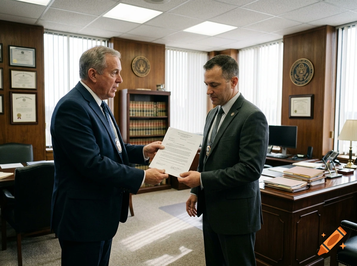 Two men in suits standing in an office, one handing a paper to the other, photorealistic.