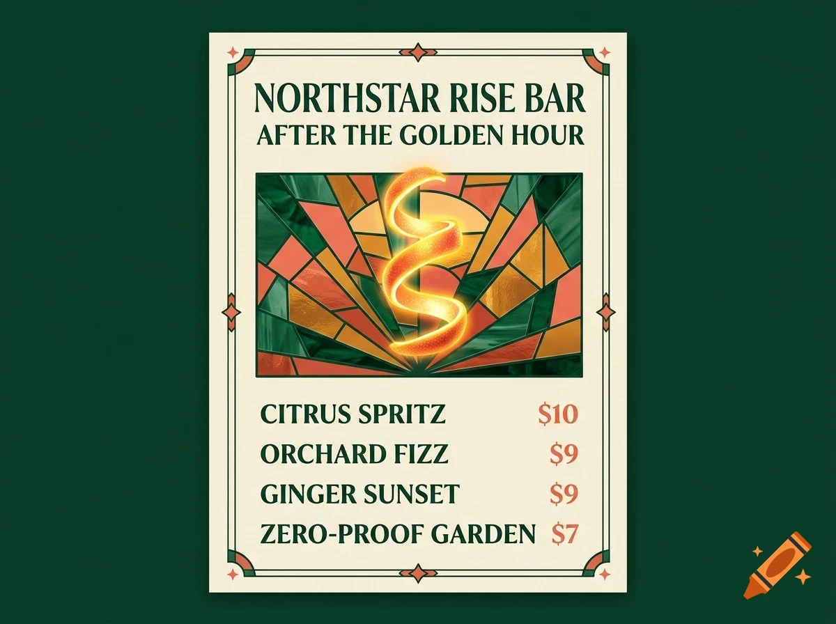 A poster for Northstar Rise Bar with a stained glass style illustration featuring an orange peel twist and drink menu.