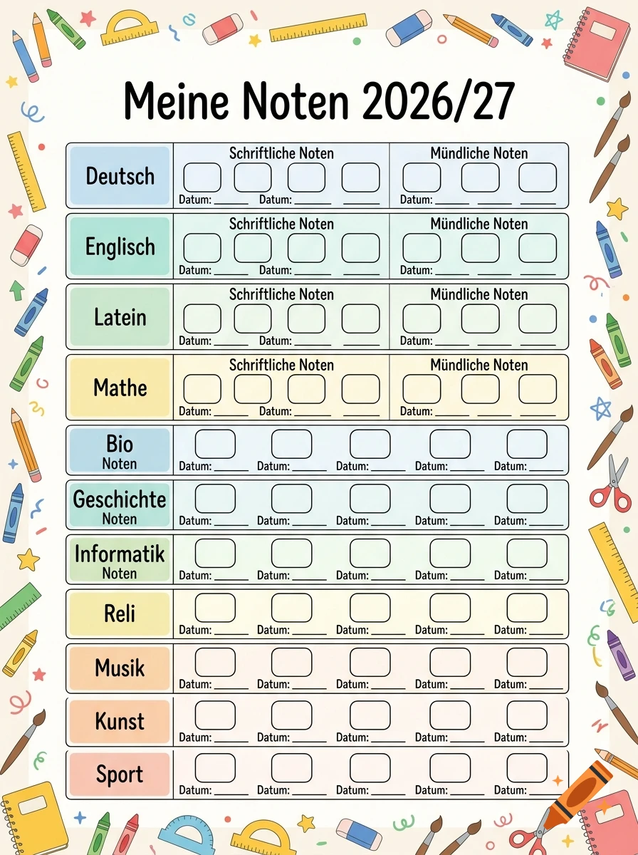 German school grades tracker template for 2026/2027 with subjects, columns for written and oral grades, and colorful school supplies border.