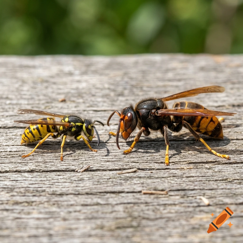 Close-up photograph of a common wasp and a larger Asian giant hornet facing each other on a weathered wooden surface.