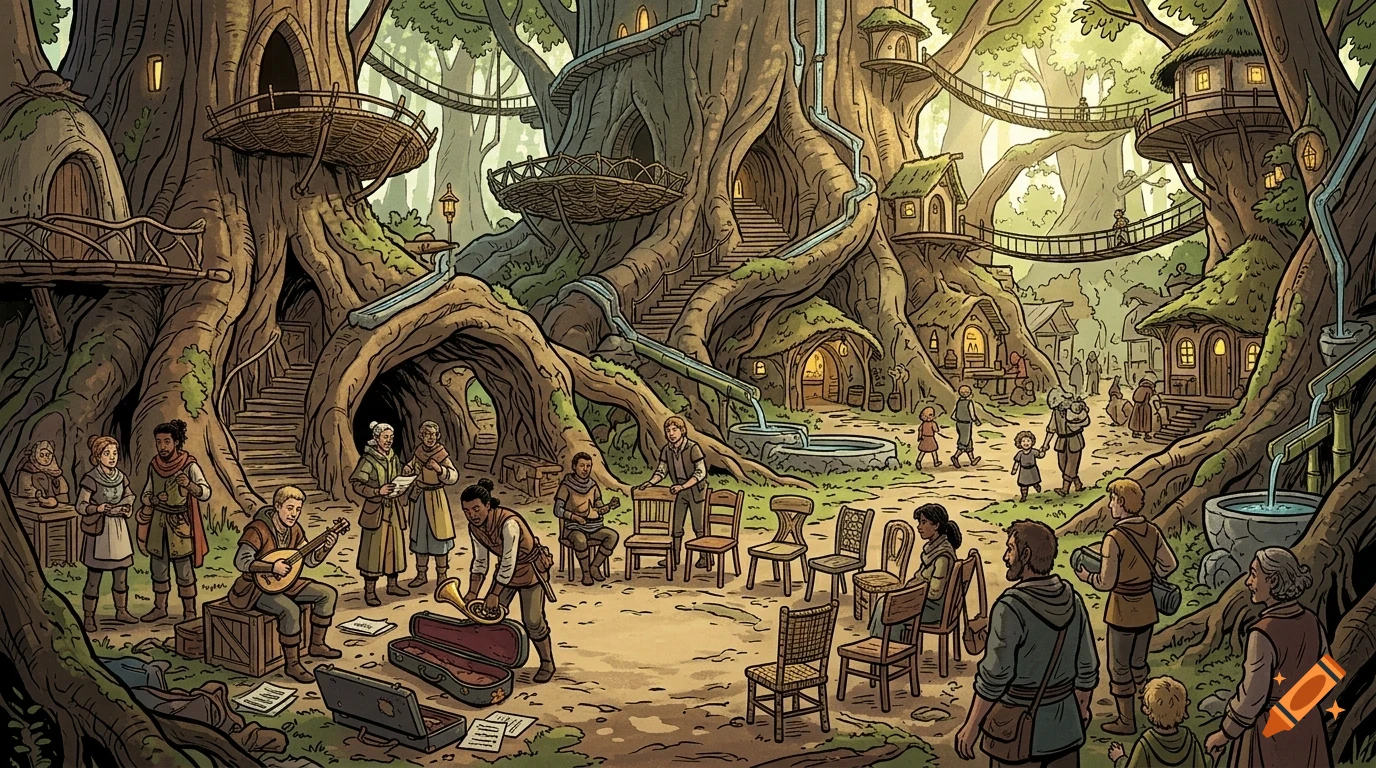 An illustrated village built into massive ancient trees with rope bridges, small houses, and people gathering in a clearing.