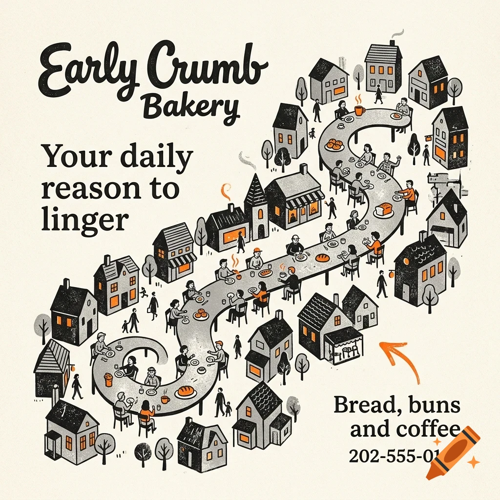 An illustrated poster for Early Crumb Bakery featuring a long winding table running through a village with people eating and houses lining the path.