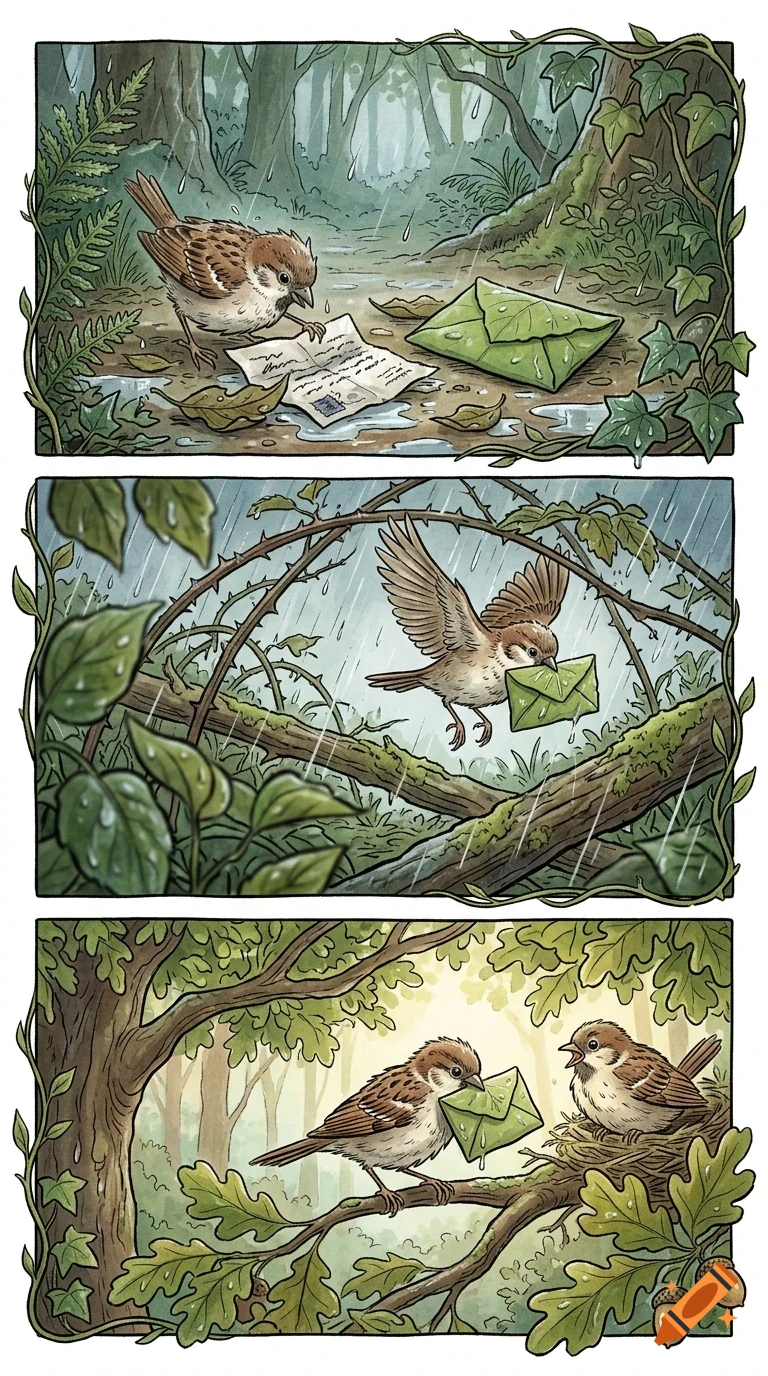 A three-panel comic illustration shows a sparrow finding a letter in a rainy forest, carrying a green envelope, and delivering it to another bird in a nest.