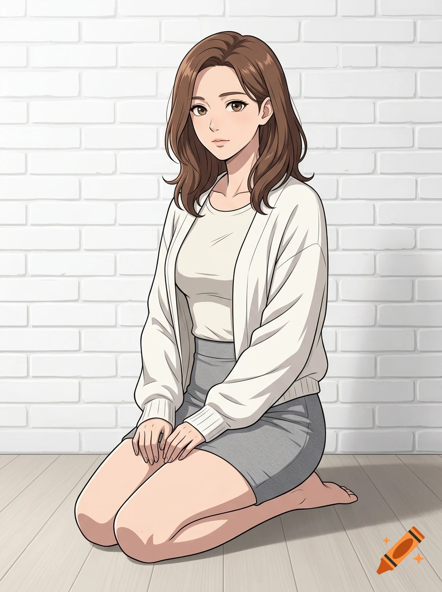 An anime-style illustration of a woman with brown hair kneeling on a wooden floor against a white brick wall, wearing a white cardigan and gray skirt.