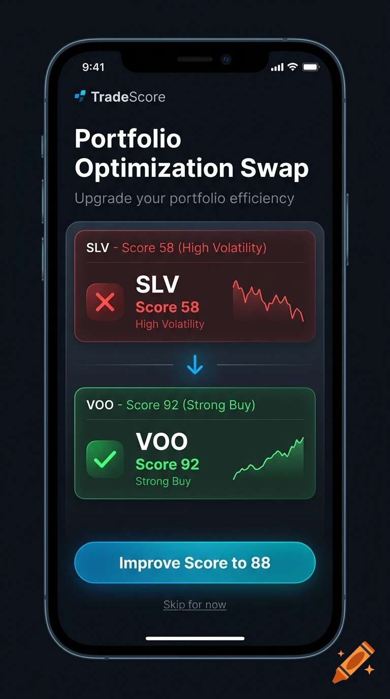 Smartphone screenshot of a fintech stock trading app showing a portfolio optimization swap comparison interface in dark mode.