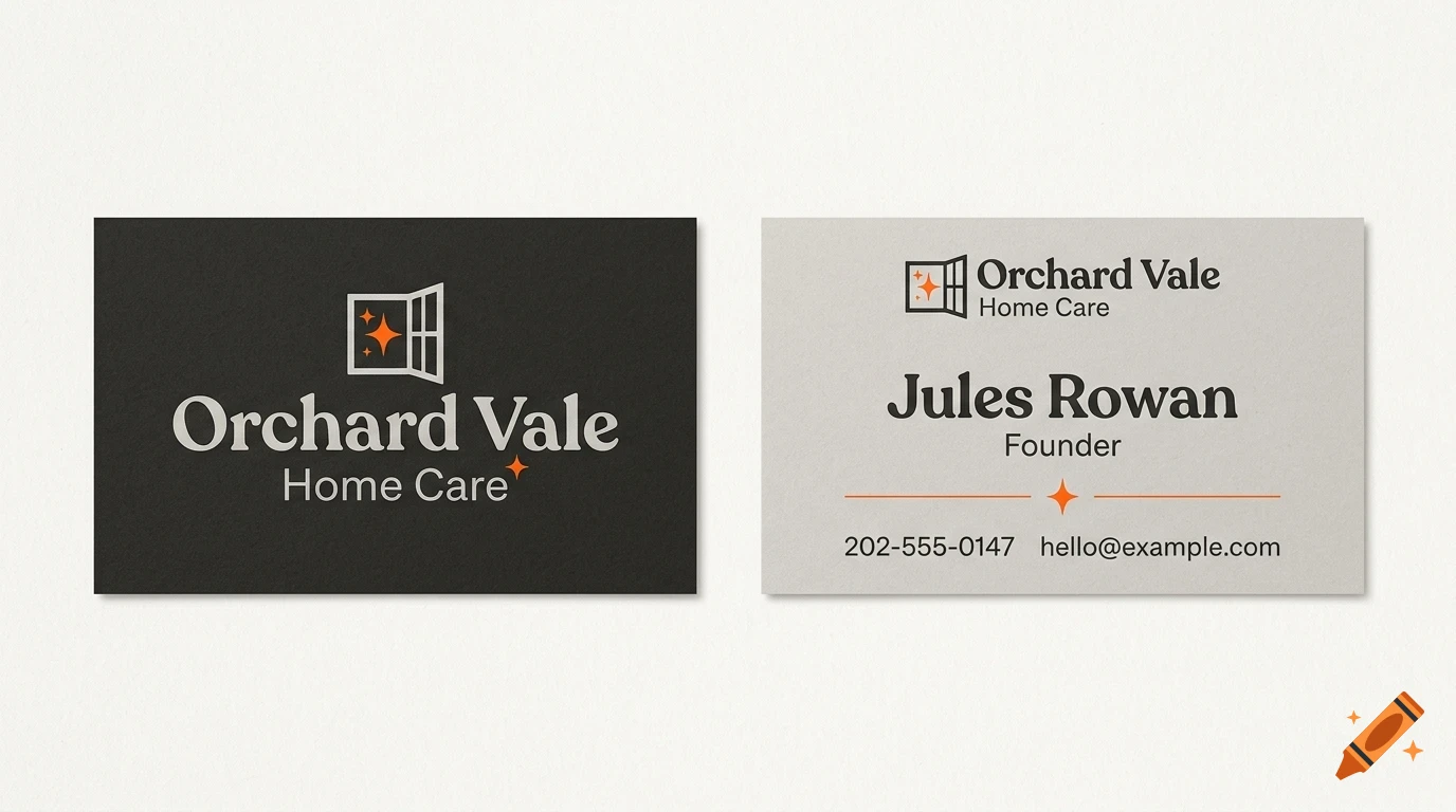 Two business cards for Orchard Vale Home Care featuring a window logo with glowing sparkles.