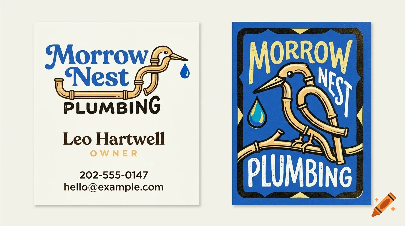 Two business cards for Morrow Nest Plumbing featuring a bird made of pipes and water droplets.