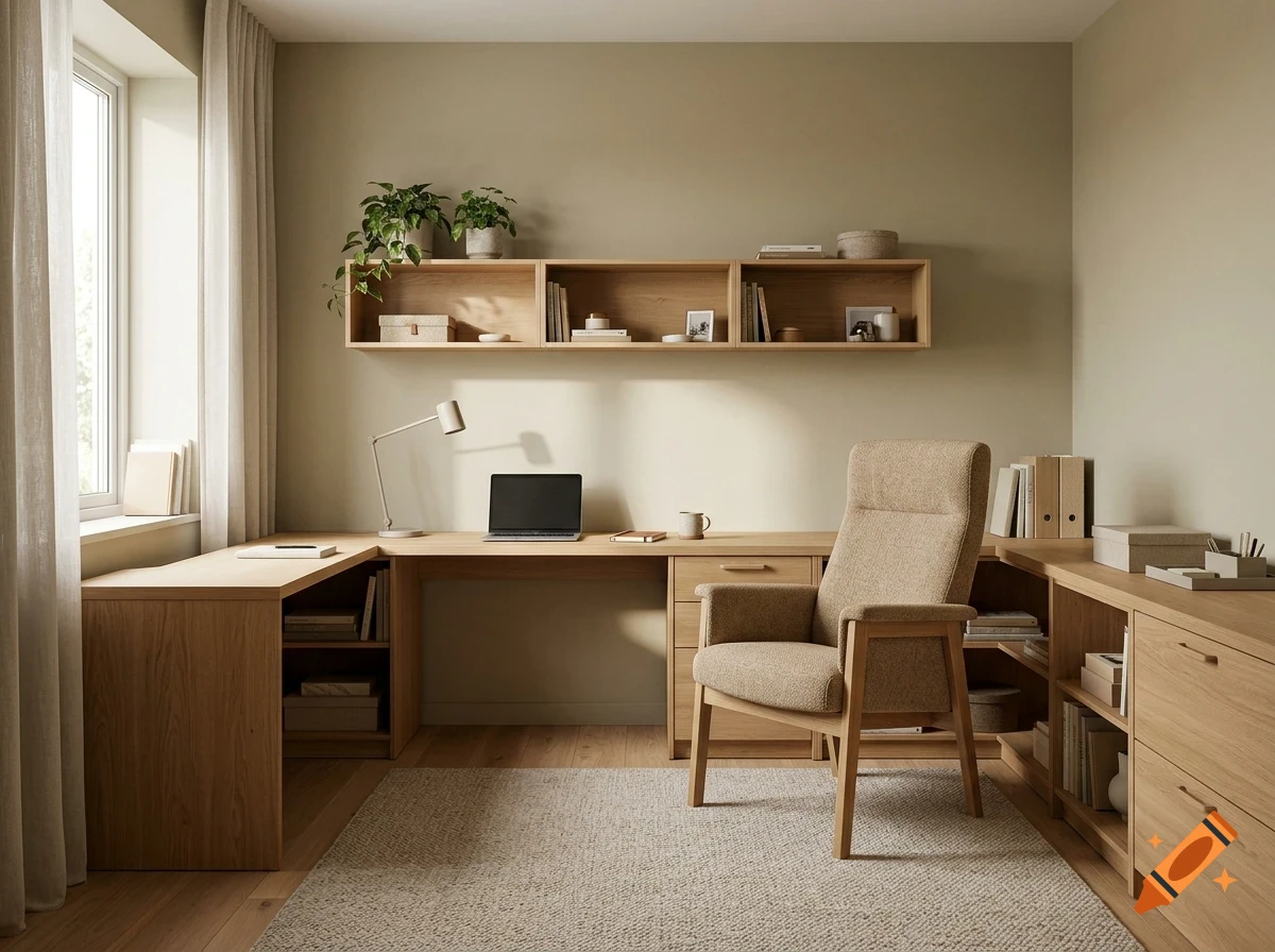A modern home office with wooden desks, shelving units, an armchair, and a laptop on the desk.
