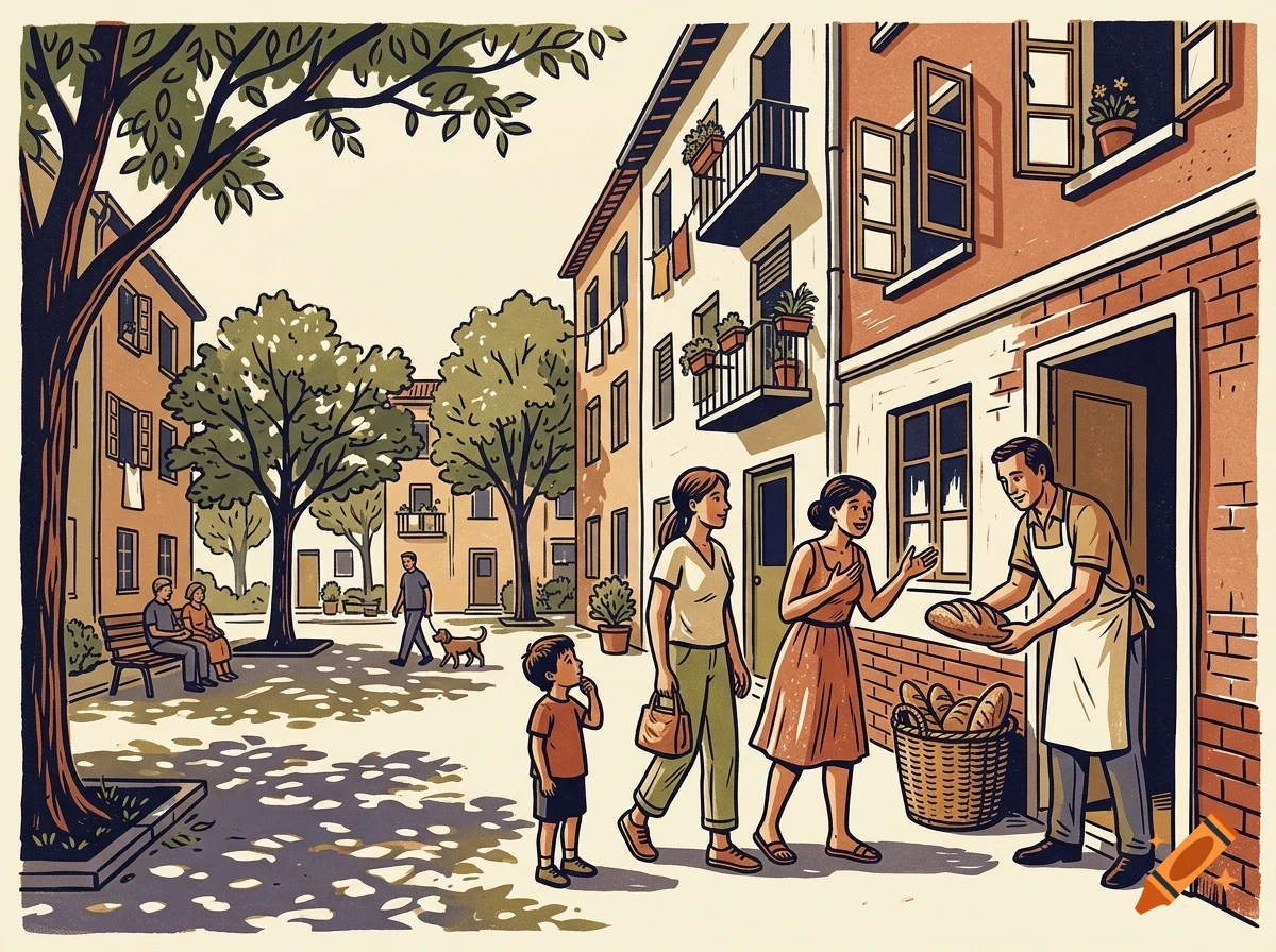 An illustrated street scene showing people walking, a baker handing bread to a customer outside a shop, and apartment buildings.