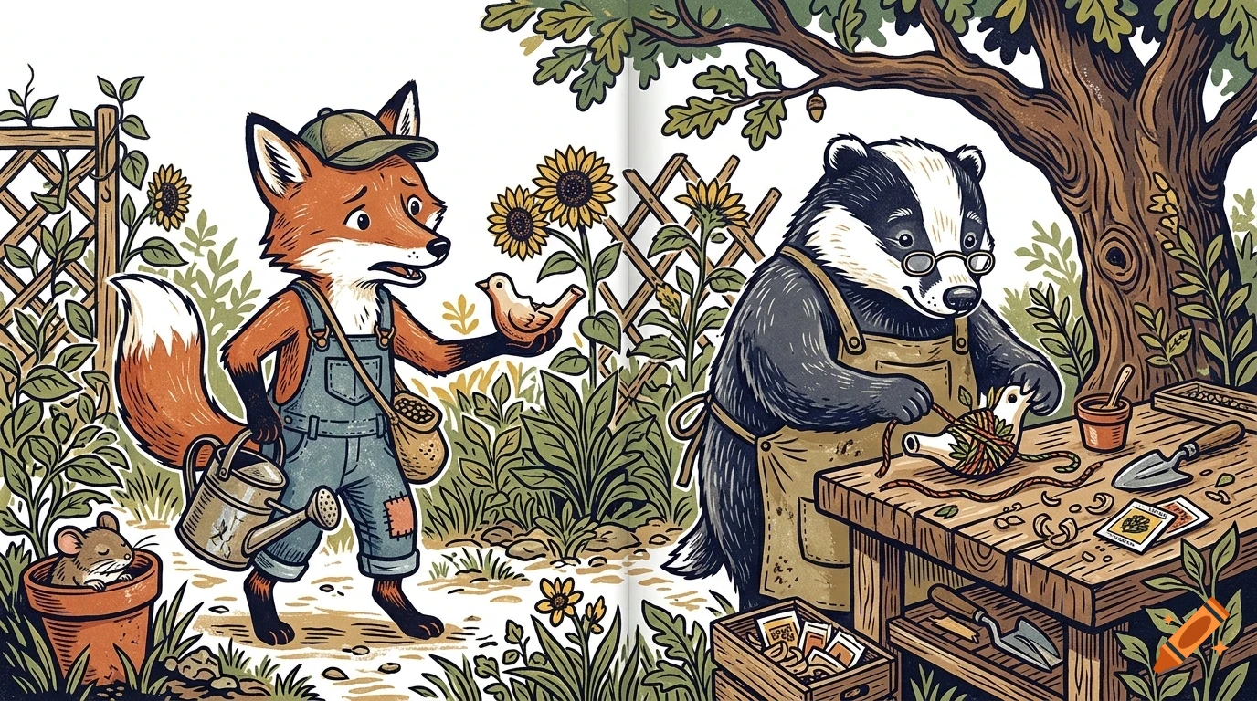 An anthropomorphic fox wearing overalls and a cap holds a small wooden bird, while a badger in glasses works on a wooden item at a garden workbench.