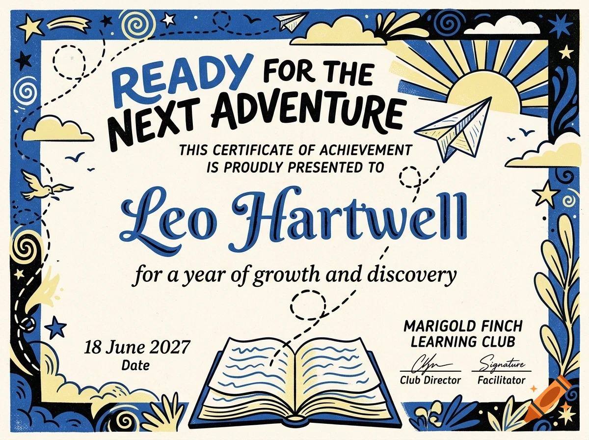 An illustrated certificate of achievement with blue and yellow decorative borders, paper airplane, and open book graphics, featuring the text Ready for the Next Adventure and Leo Hartwell.