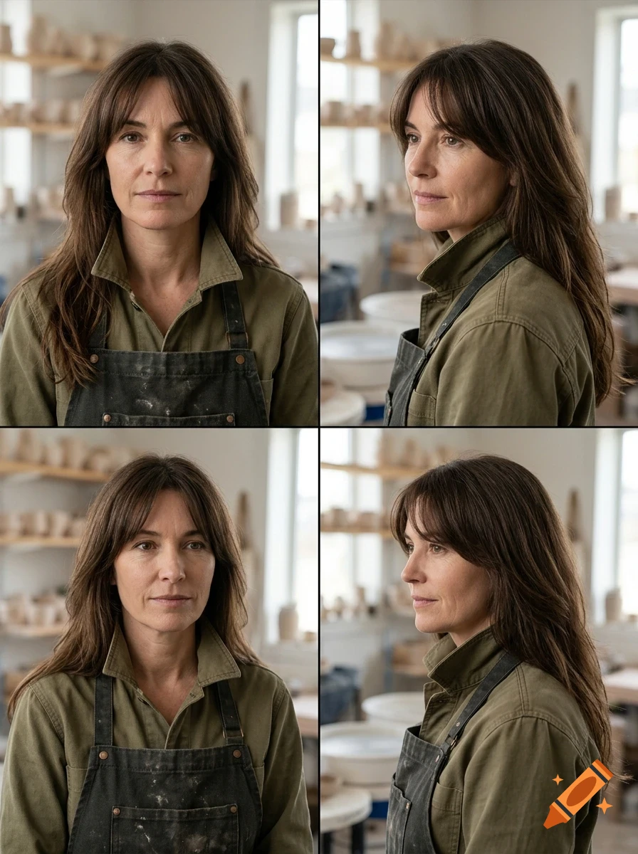 A four-panel photo showing a woman with brown hair and bangs wearing an apron and green shirt from different angles.