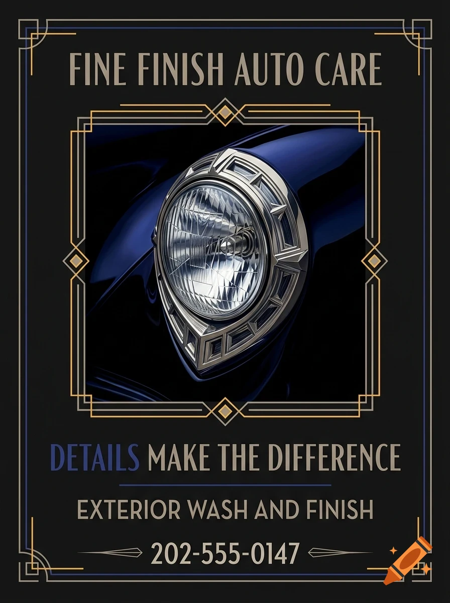 A poster featuring a close-up of a classic car headlight with art deco frames and the text FINE FINISH AUTO CARE.