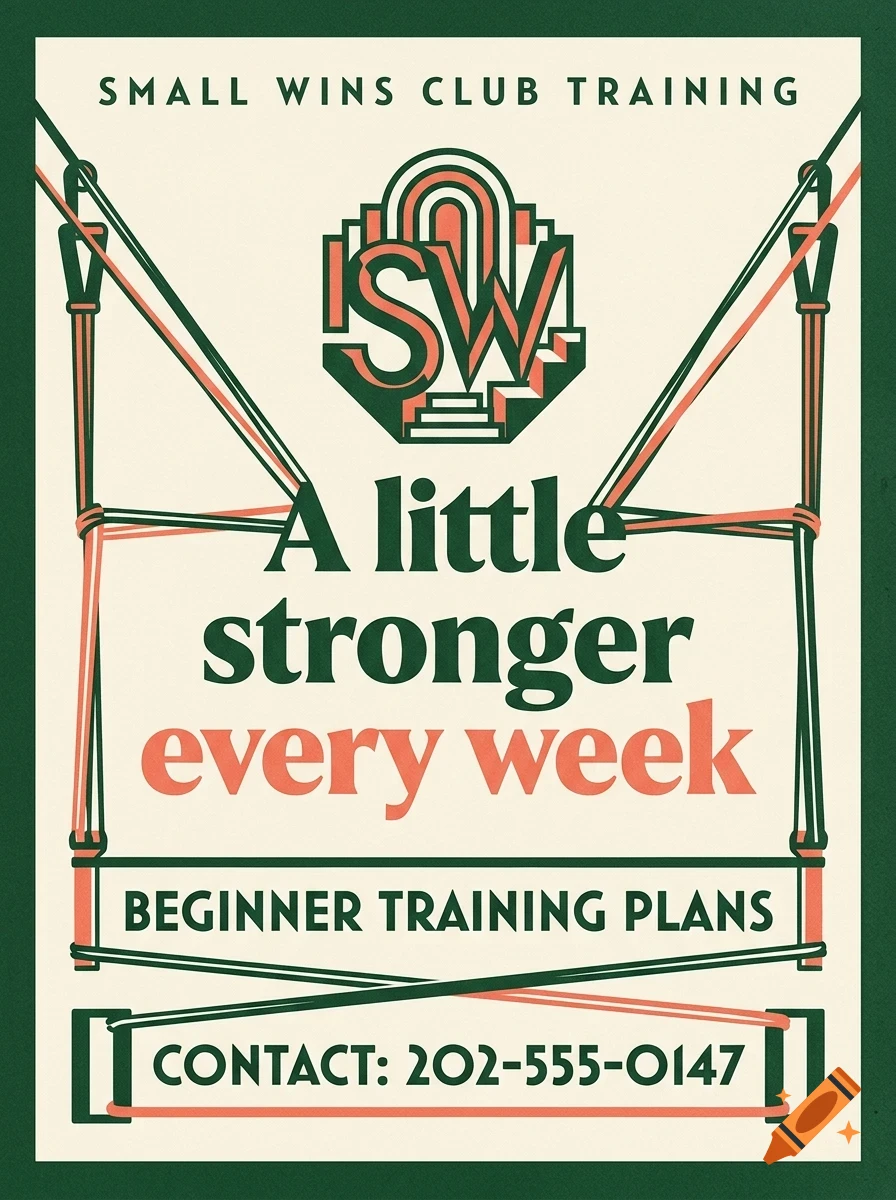 A poster with green and orange text and an emblem reading SW, surrounded by straps.