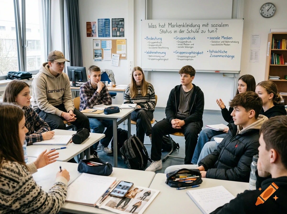 Group of high school students sitting at desks in a classroom having a discussion in front of a whiteboard with German text.