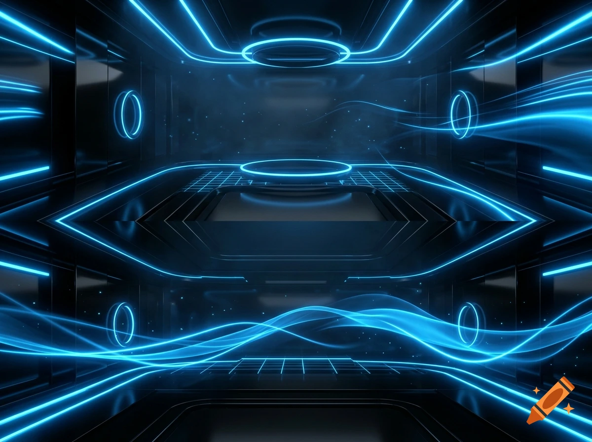 Futuristic glowing dark corridor with neon blue light waves and geometric reflections.