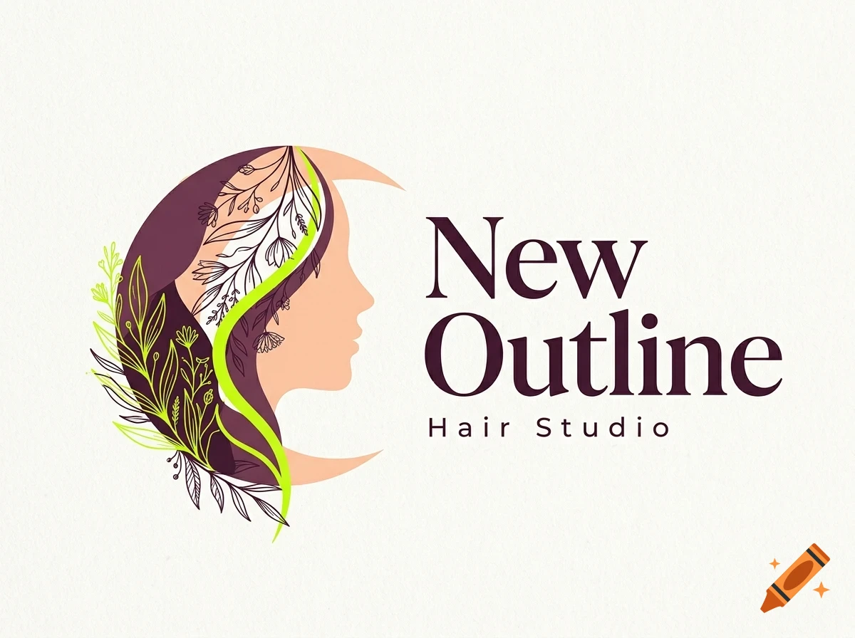 Logo featuring a woman's profile intertwined with botanical elements and the text New Outline Hair Studio.