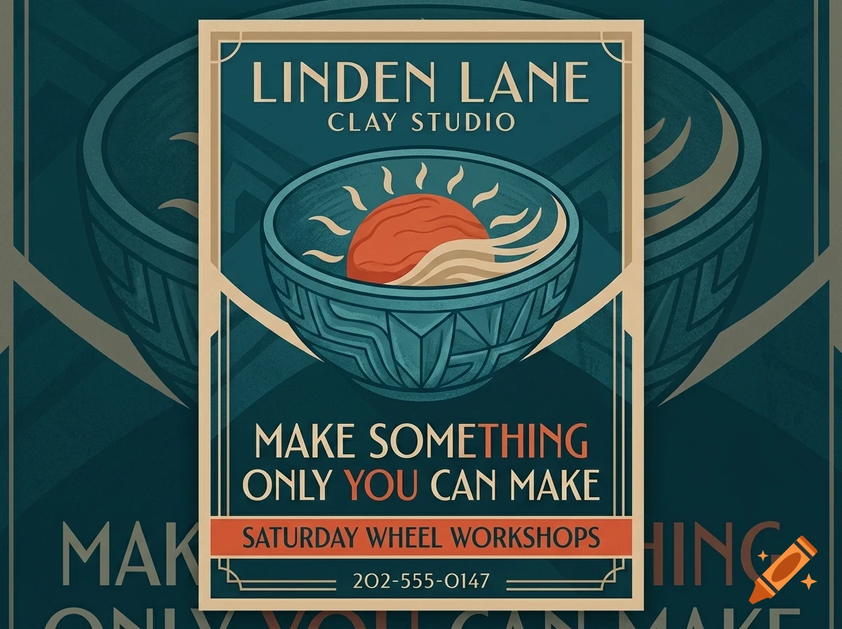An art deco-style poster for Linden Lane Clay Studio featuring a bowl with a ball of clay, text, and decorative borders.