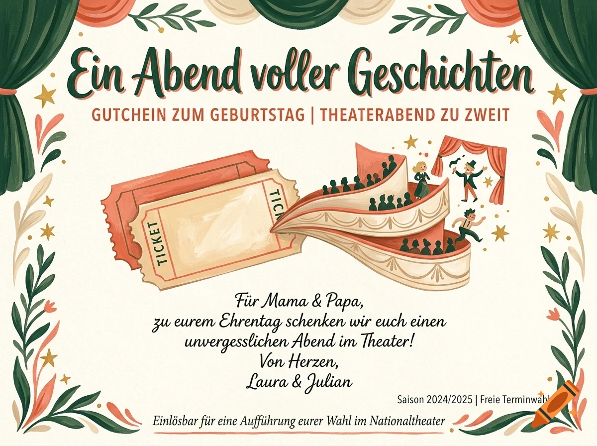 An illustrated voucher card with theater curtains, tickets, and text in German.
